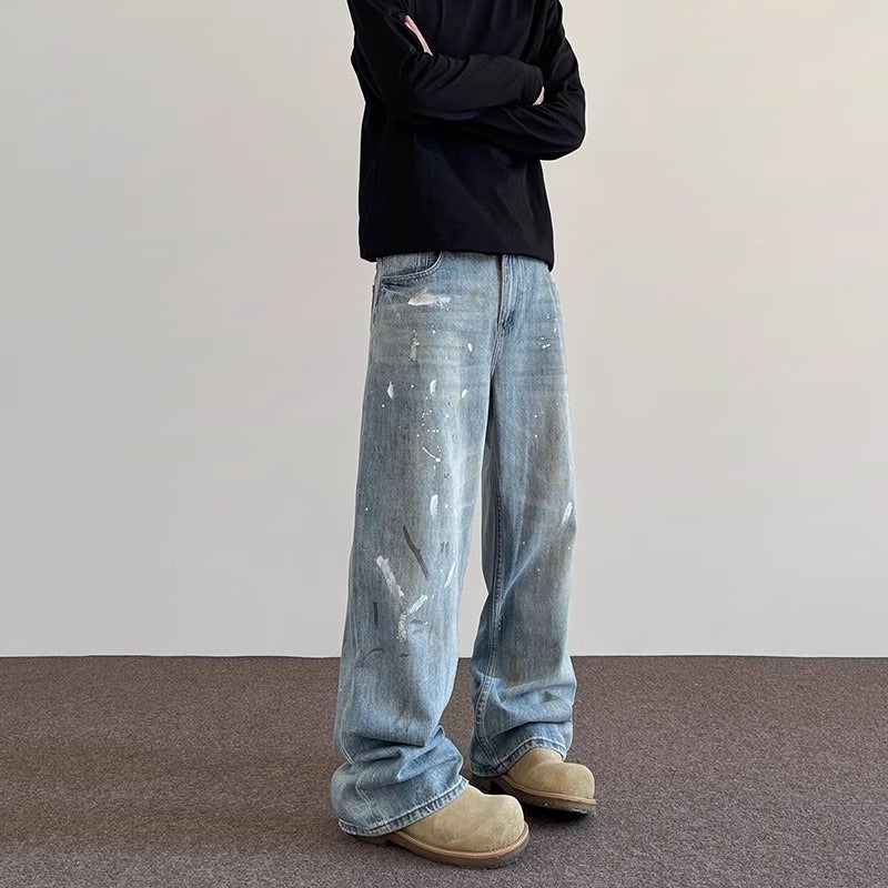 American Retro High Street Vibe Distressed Splatter Jeans Trendy Loose Straight Casual Versatile Designer Pants - Image 1